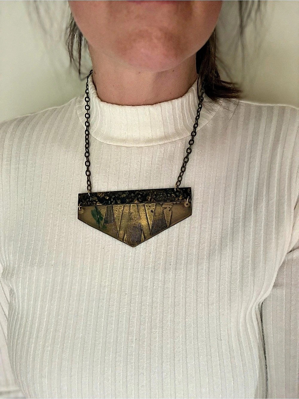Geometric Brass Pendant Necklace in Gold with Patina, handmade, one of a kind - Picture 3 of 5